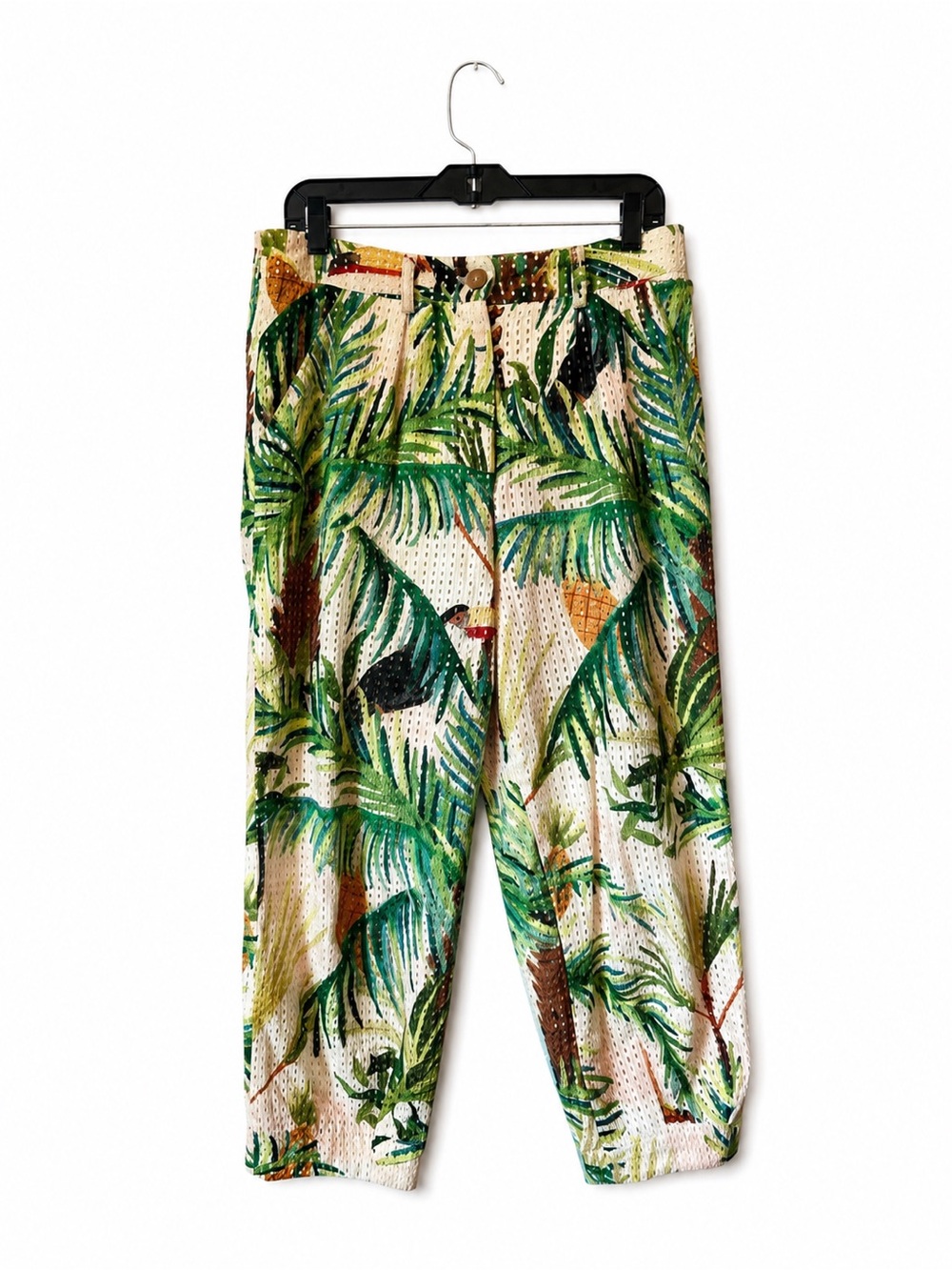 FARM Rio Toucan Paradise Cotton Crop Eyelet Pants Size M Resort Boho Statement - Picture 2 of 8